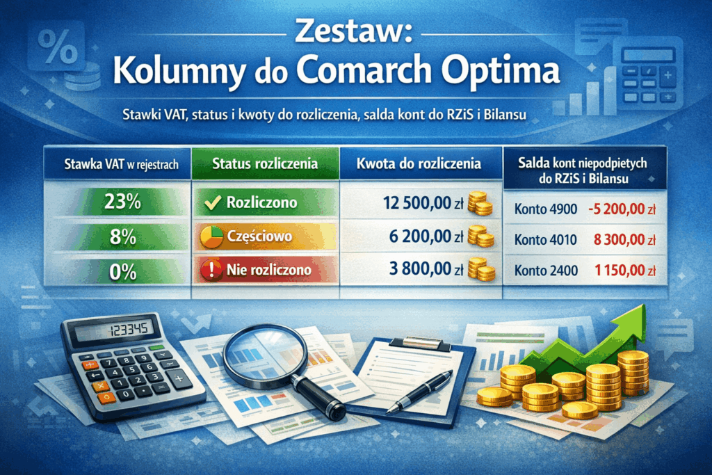 Zestaw Kolumny do Comarch Optima stawki VAT, status i kwoty do rozliczenia, salda kont do RZiS i Bilansu.